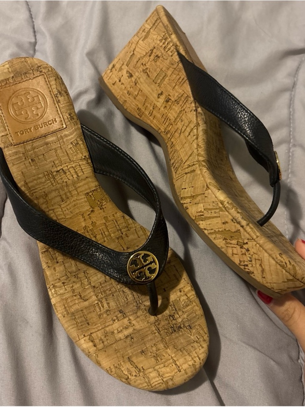 Tory Burch Black Leather Cork Wedge Thong Sandals with Gold Logo